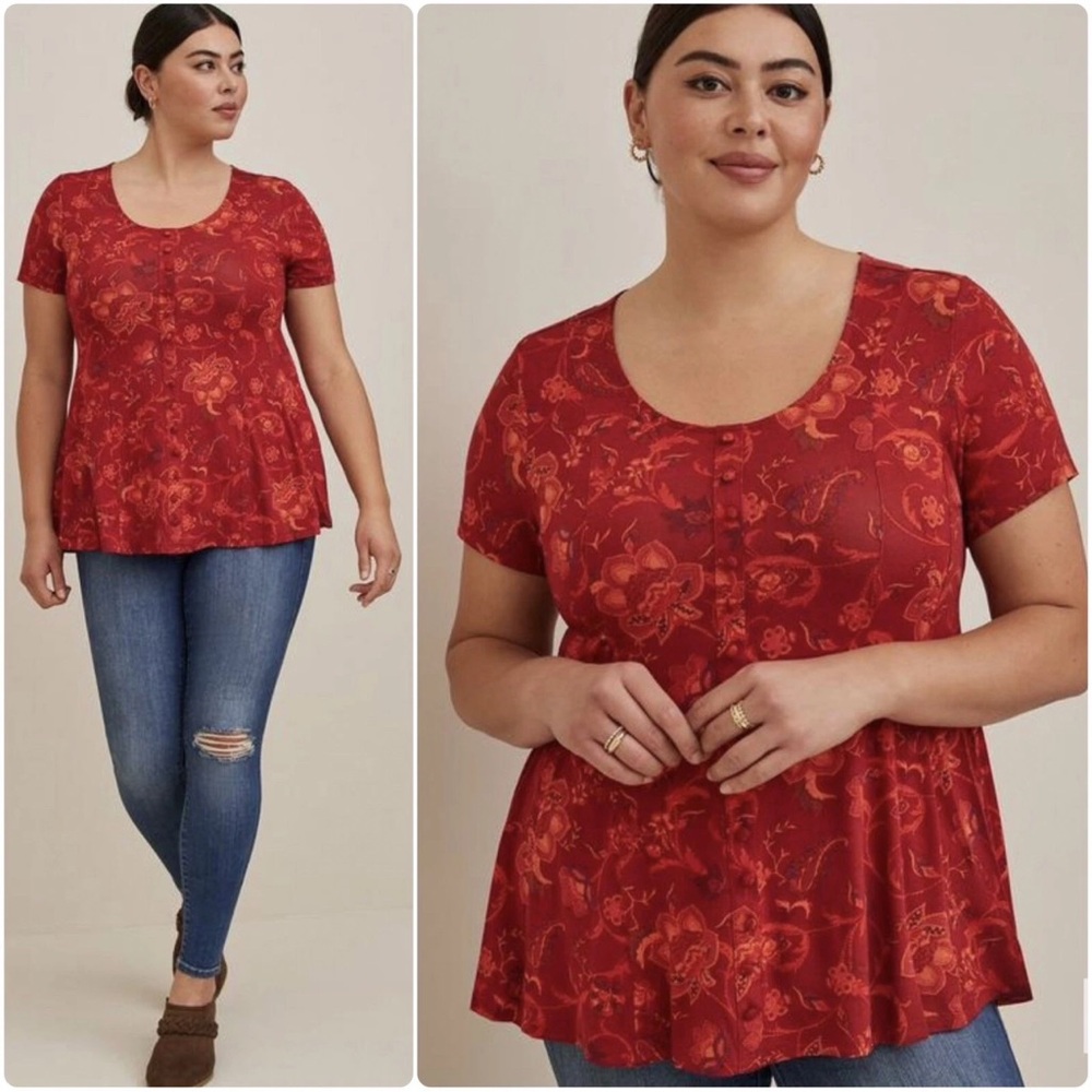 Torrid Womens Super Soft Paisley Button Top Size 1X Red Orange Short Sleeve